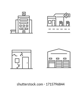 Building Constructions Pixel Perfect Linear Icons Set. City Hospital Entrance. Gas Station Front View. Customizable Thin Line Contour Symbols. Isolated Vector Outline Illustrations. Editable Stroke