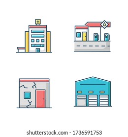 Building constructions RGB color icons set. City hospital entrance. Gas station front view. Ruined slum. Poor house with crack. Self storage unit for cargo. Isolated vector illustrations