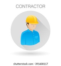 Building contractor icon. Professional with hardhat symbol. Construction engineer sign. Avatar profile icon on light gray circle background. Vector illustration.