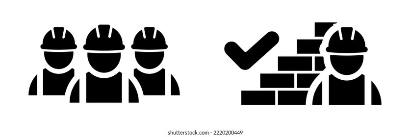 Building contractors and brick wall with check mark icon set. Good work of industrial worker. Construction workers symbol. Approved work. Builders icons in black Vector illustration for graphic design