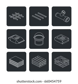 Building and contruction materials icons set - wooden boards, concrete plates, ropes, cement and paint. Vector illustration