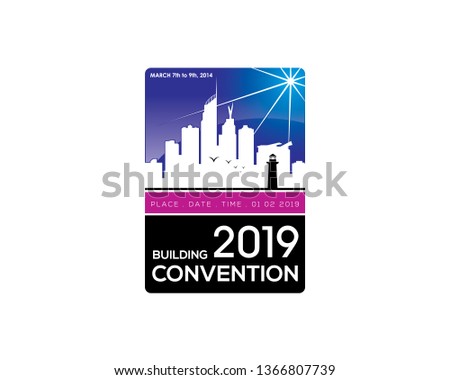 building convention logo sign with image of cityscape skyline skyscrapper sunrays palm birds and beach