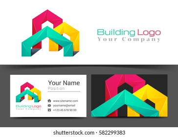 Building Corporate Logo and Business Card Sign Template. Creative Design with Colorful Logotype Visual Identity Composition Made of Multicolored Element. Vector Illustration.
