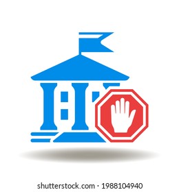 Building court with hand stop gesture sign vector illustration. Sanctions symbol.