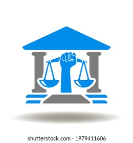 Building courthouse with hand scales vector illustration. Court icon. Human rights symbol. Justice and law public sector sign.