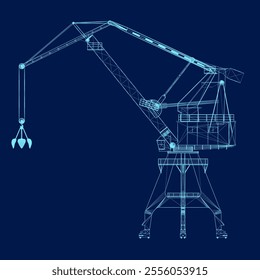 Building crane blue wireframe. Vector illustration. 3D. Side view