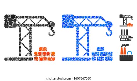 Building crane composition of small circles in different sizes and color tones, based on building crane icon. Vector filled circles are united into blue collage.