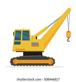 Building crane isolated on white. Caterpillar Crane vector banner. City building concept in flat design. Construction machines. Transport and moving materials, earthworks illustration for advertise.