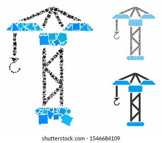 Building crane mosaic of bumpy parts in different sizes and color tinges, based on building crane icon. Vector tuberous parts are combined into collage.