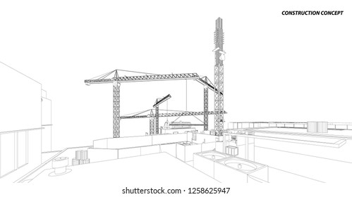 Building crane on the Architecture background. Perspective 3d vector.
