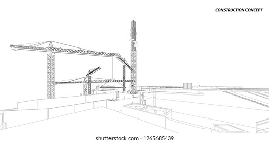 Building crane on the Architecture background. Perspective 3d vector.