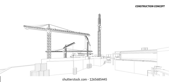 Building crane on the Architecture background. Perspective 3d vector.