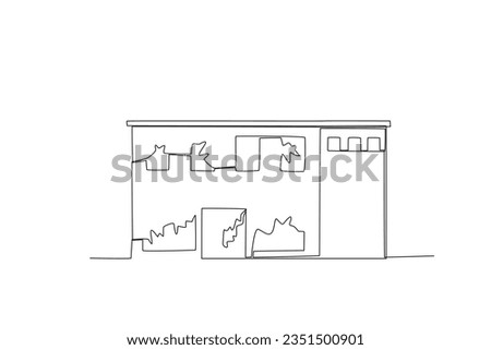 A building damaged by earthquake shaking. Earthquake one-line drawing