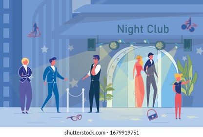 Building Dance Party Nightclub And People At Entrance. Elegant Married Couple Leaving Night Club And Little Girl Kid Taking Photo On Mobile Phone. Face Control Security Servicing Visitor. Illustration