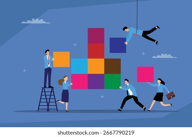 Construyendo un muro de datos: Un Equipo de negocios trabaja en conjunto para ensamblar bloques, simbolizando el proceso de trabajo en equipo, visualización de datos y crecimiento del negocio Ilustración vectorial plana 2d