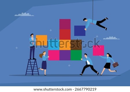 Building a Data Wall: A Business Team Works Together to Assemble Blocks, Symbolizing the Process of Teamwork, Data Visualization, and Business Growth 2d flat vector illustration