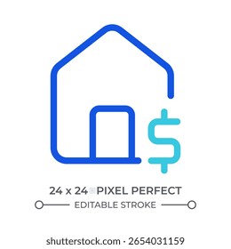 Ícone de interface do usuário da linha colorida de construção de débito. Hipoteca da casa, seguro. Investimento imobiliário. Venda de propriedade, pagamento. Símbolo linear duotônico de vetor isolado. Elemento de interface do usuário, pixel perfect