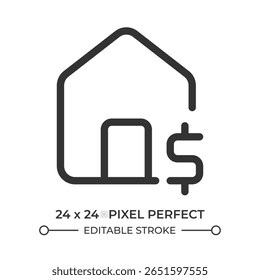 Ícone da interface do usuário de criação de linha de débito. Hipoteca da casa, seguro. Investimento imobiliário. Venda de propriedade, pagamento. Símbolo de contorno de vetor isolado. Elemento linear da interface do usuário do Webdesign, pixel perfect