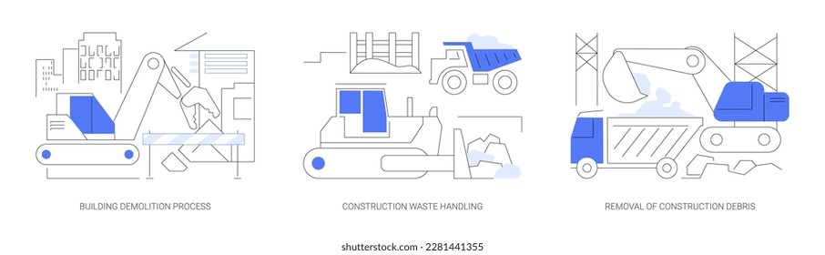 Building deconstruction abstract concept vector illustration set. Building demolition process, bucket and hook, construction waste handling, removal of industrial debris abstract metaphor.