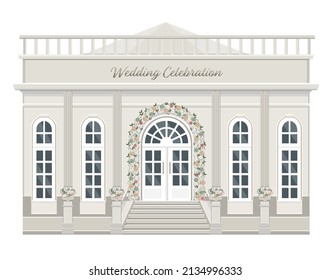 Building decorated with flowers. Beautiful wedding decor in royal style.  Wedding celebration building. Details of the wedding day. Building decorated with flowers