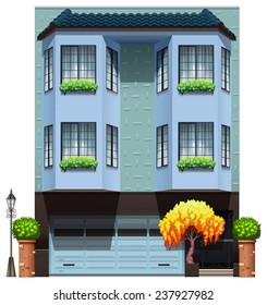A building with decorative plants on a white background