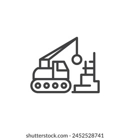 Symbol der Abbruchlinie. Lineares Stilzeichen für mobiles Konzept und Webdesign. Abriss-LKW mit Abriss-Kugel Umriss-Vektorgrafik-Symbol. Symbol, Logo-Darstellung. Vektorgrafik-Grafiken