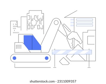 Building demolition process abstract concept vector illustration. Bulldozer demolishes a building, industrial transport, heavy machinery, bucket and hook, deconstruction idea abstract metaphor.