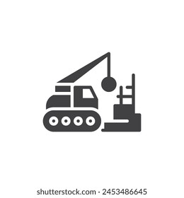 Building Demolition vector icon. filled flat sign for mobile concept and web design. Demolition truck with wrecking ball glyph icon. Symbol, logo illustration. Vector graphics