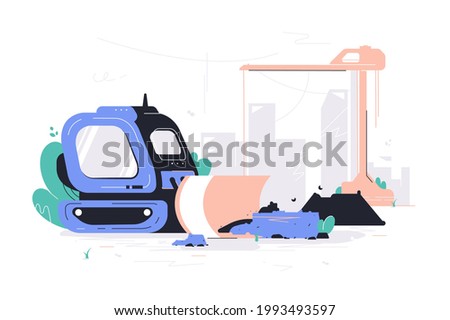 Building demolition work with heavy construction machines. Isolated concept of modern urban crawler excavator and crane at work on city background. Vector illustration.