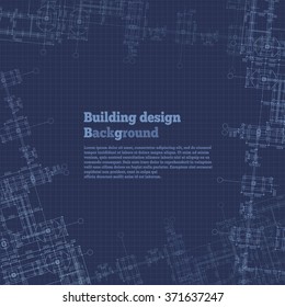 Building design abstract pattern. Pile caps plan with sizes and axes, foundation scheme fragments on dark blue background. Vector illustration