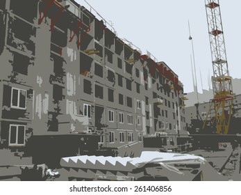 Building design background. Building site. Unfinished building. White and blue building plan silhouettes on blue background. Vector illustration