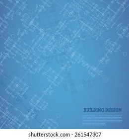 Building design background.  White and blue building plan silhouettes on blue background. Vector illustration.
