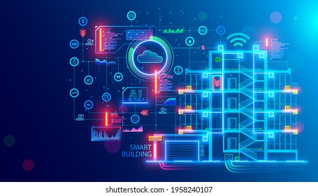 Building Design Concept. Engineering Of Autonomous System Of Smart Building. Drafting Of Communications Of House. Project Development Of Apartment House. Architectural Drawing, Blueprint Of Facade.