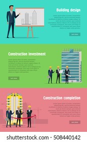 Building design. Construction investment and completion web banners set. Levels or stages of house building. Since planning till putting into operation of house in flat style. Vector illustration