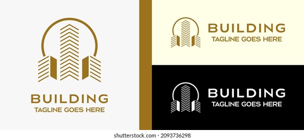 building design logo template with sun or moon in circle lines. creative logo for building, construction, hotel, apartment, architect or housing. vector illustration