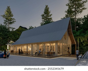 building design for a restaurant with a wooden concept