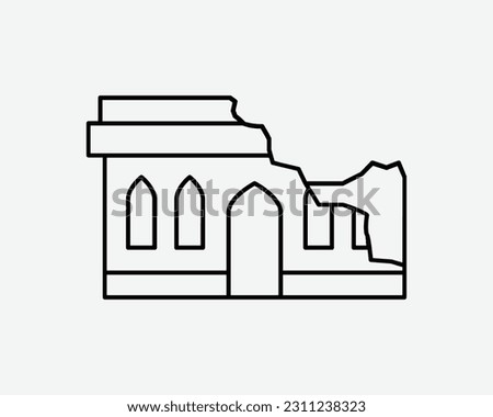 Building Destroyed Line Icon. House Home Destruction Damage Disaster Destroy Bomb War Sign Symbol Black Artwork Graphic Illustration Clipart EPS Vector