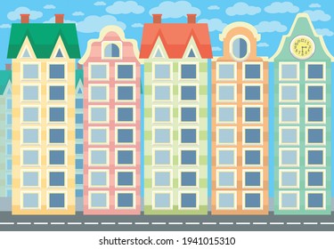 Building in different colors. Flat style vector illustration