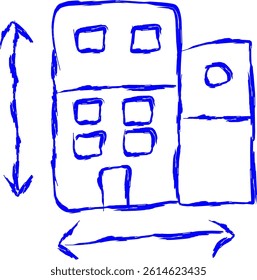 building dimension icon in doodle style. blue line scribble icon