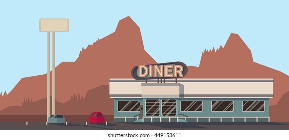 a building of diner cafe on the highway on the red mountain background in desert on sunset