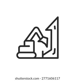 building dismantling, Excavator, linear style icon. Excavator working at a construction site. Editable stroke width.