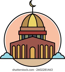A building with a dome and a crescent moon on top. The building is a church. The building is yellow and red
