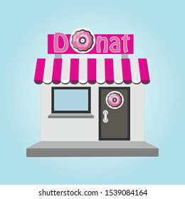The building of the donut shop. Confectionery store with the image of a pink donut with icing. Vector illustration EPS 10.