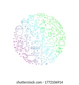 Building. Doodle style. Vector isolated illustration with tool kits for repairing buildings, rooms, premises, houses, apartments. Business Building materials and tools for repair. 
