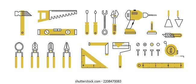 Building doodle tools. Repair work mechanic equipment hammer saw knife scissors wrench screwdriver. Vector isolated set