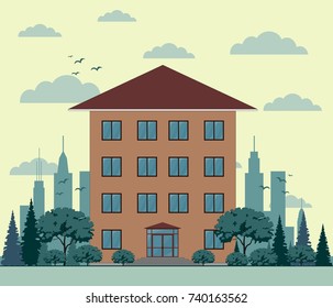 Building in downtown with tree. Stock flat vector illustration.