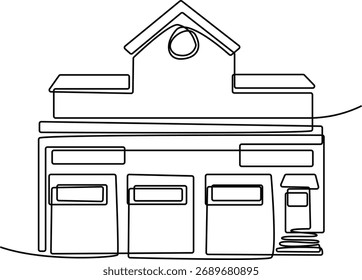 Um edifício desenhado com uma única linha preta contínua sobre um fundo branco, apresentando uma vitrine e um nível superior.