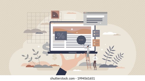 Building e-commerce and online store layout planning project tiny person concept. Company website interface design programming and responsive retail site optimization for browser vector illustration.