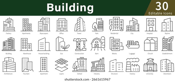 Building Editable Line Icons Set for Architecture, Construction, Real Estate, and Urban Structures