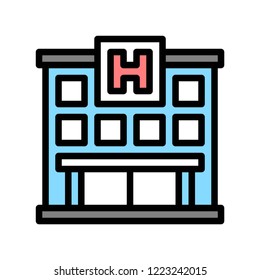 building editable stroke icon of hospital in flat design.